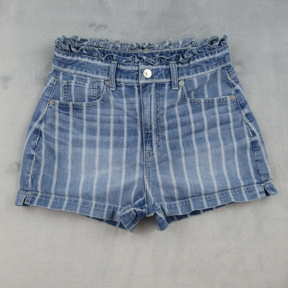 American Eagle Highest Rise Mom Short Womens 2 Blue White Striped Paperbag Waist